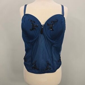Cacique Bustier Corset Lingerie 26/28 Blue Sequin Beaded Embellished Tassel